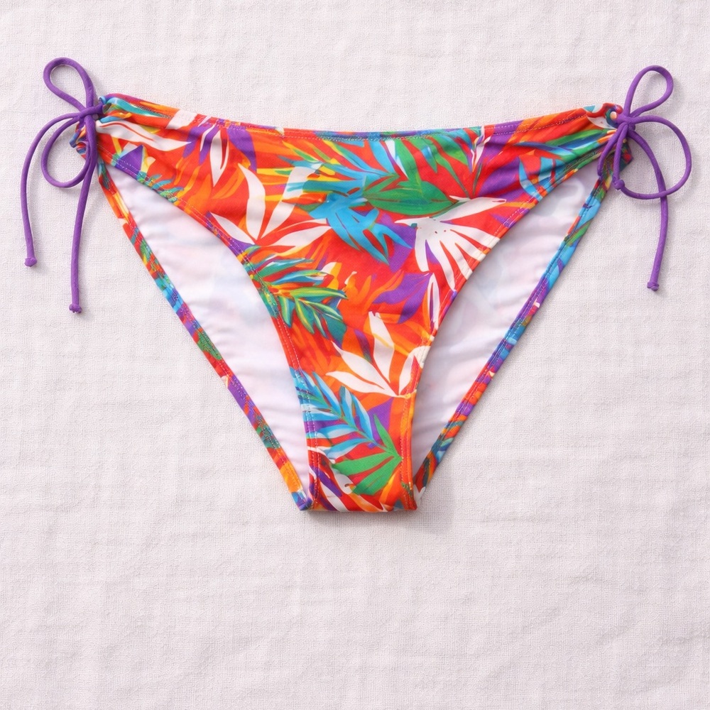 Tropical Leaf Tie-Side Bikini Bottom - Multicolor
